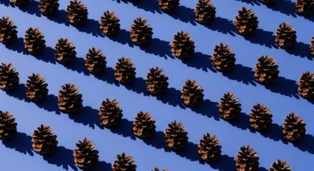 A repeating pattern of pine cones casts shadows on a blue background, creating a visually interesting and natural composition.の素材