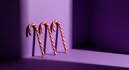 Three classic candy canes stand in a row, casting long shadows under dramatic purple lighting, creating a minimalist and festive holiday scene.の素材