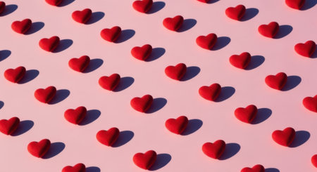 A repeating pattern of small, red heart shapes with shadows on a light pink background, perfect for Valentines Day or romantic themes.の素材