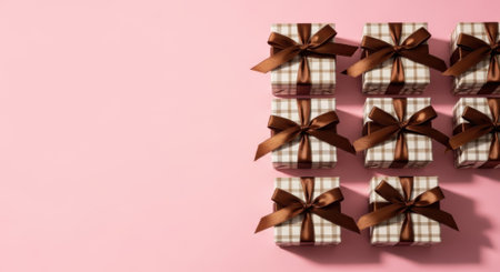 A collection of nine neatly wrapped gift boxes, each adorned with a rich brown ribbon, arranged on a vibrant pink surface. The overhead perspective highlights the symmetry and festive appeal of the presents, casting subtle shadows that add depth.の素材