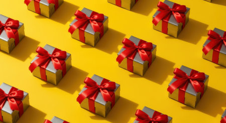 A vibrant overhead shot showcases a repeating pattern of silver gift boxes tied with bright red ribbons, set against a bold yellow backdrop.の素材