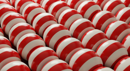 A close-up view of numerous red and white striped candy balls, meticulously arranged in parallel rows, creating a visually appealing pattern.の素材