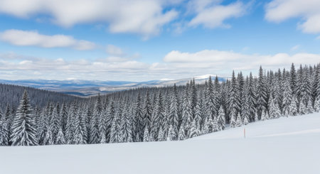 A serene winter landscape featuring snow-covered trees and a bright blue sky with scattered clouds, creating a peaceful and scenic view.の素材