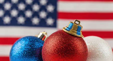 Three glittery Christmas ornaments in red, white, and blue colors are displayed against a blurred American flag background, symbolizing a festive and patriotic holiday season.の素材