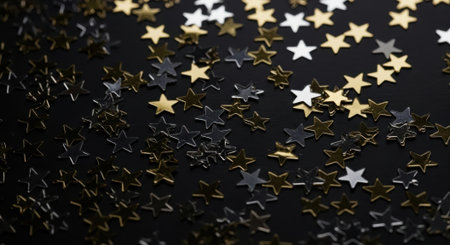 A close-up view of numerous star-shaped confetti pieces scattered across a dark surface, creating a festive and celebratory atmosphere.の素材