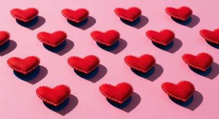 A romantic and graphic composition featuring a grid of plush red hearts against a pastel pink backdrop. Each heart casts a sharp shadow creating a sense of depth and pattern.の素材