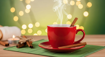 A vibrant red cup with visible steam rises from a hot beverage, accompanied by cinnamon sticks on a green woven mat. A blurred background features warm, glowing bokeh lights, creating a cozy and inviting atmosphere. A small lit candle and rolled towels are also visible, suggesting a relaxing setting.の素材