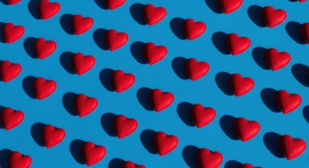 A repeating pattern of red heart shapes on a vibrant blue background, symbolizing love, romance, and Valentines Day.の素材