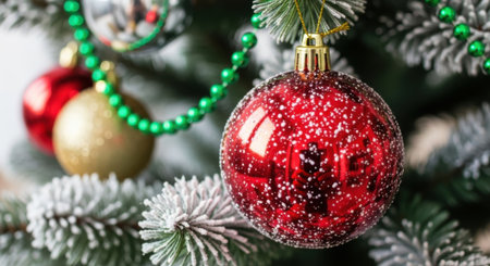 A close-up of a festive red glittery Christmas ball decoration on a snow-dusted pine branch with a green beaded garland and other ornaments blurred in the background.の素材