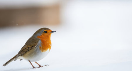 A close-up shot of a small European robin with its distinctive orange-red breast and brown feathers, standing on a clean white snow surface, creating a beautiful contrast in a peaceful winter environment.の素材