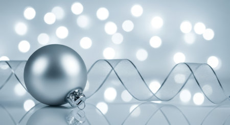 A festive silver Christmas ornament sits next to a shimmering ribbon, set against a backdrop of soft, blurred bokeh lights, creating a magical holiday atmosphere.の素材