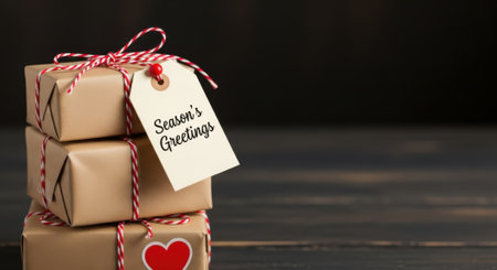 A stack of three brown paper wrapped gifts tied with red and white twine, topped with a tag that reads Seasons Greetings.の素材