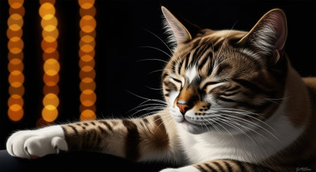 A serene tabby cat with distinctive stripes and white paws is captured in a close-up, eyes gently closed in a moment of calm. The background is dark, providing a stark contrast to the cats fur, with soft, out-of-focus orange bokeh lights adding a warm, ambient glow.の素材