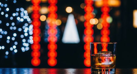 A close-up shot of a glass of whiskey with ice, set against a blurred background of bar lights.の素材