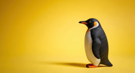 A charming penguin figurine stands against a vibrant yellow backdrop, creating a simple yet eye-catching composition. The penguins classic black and white plumage is clearly visible.の素材