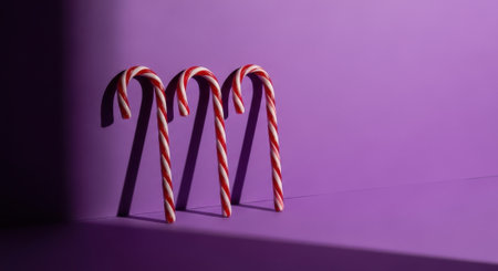Three classic red and white striped candy canes are arranged vertically against a vibrant purple background, casting long, distinct shadows to the left. The lighting creates a dramatic and minimalist composition.の素材