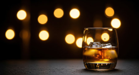 A close-up shot of a glass of whiskey with ice cubes, set against a blurred background of warm, glowing bokeh lights, creating a sophisticated and inviting atmosphere.の素材