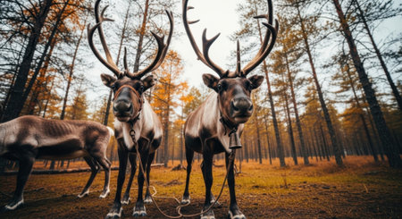 A close-up, low-angle shot of two reindeer with impressive antlers in a forest during autumn. The trees have golden leaves, and the light filters through the canopy.の素材