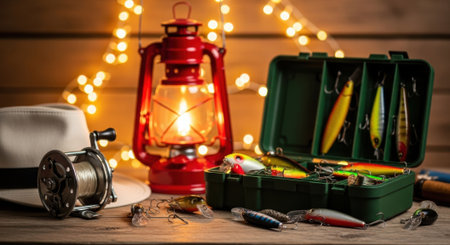 A collection of vintage fishing equipment, including a reel, lures in a tackle box, and a red lantern, set against a backdrop of warm bokeh lights.の素材