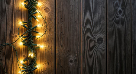 A string of warm, glowing Christmas lights is draped vertically along the left side of a rustic wooden background, creating a festive and cozy atmosphere with ample copy space.の素材