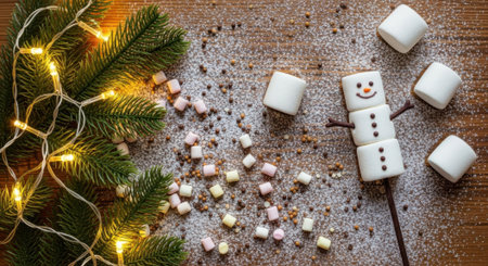 A festive Christmas scene featuring a marshmallow snowman, twinkling lights, evergreen branches, and a dusting of sprinkles on a wooden surface.の素材