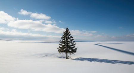 A solitary pine tree casts a long shadow across a vast, snow-covered landscape under a bright blue sky with scattered clouds. The scene evokes a sense of solitude and the beauty of winter.の素材