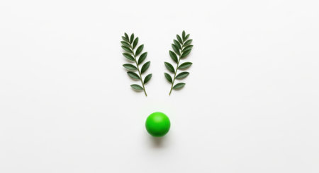 Top down view of a conceptual exclamation point symbol. Two fresh green sprigs and a round green object are arranged on a clean white surface to form the puncture.の素材