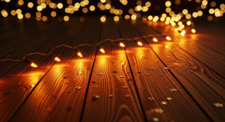 Close-up of glowing orange Christmas lights strung across a rustic wooden surface, with bokeh lights in the background.の素材