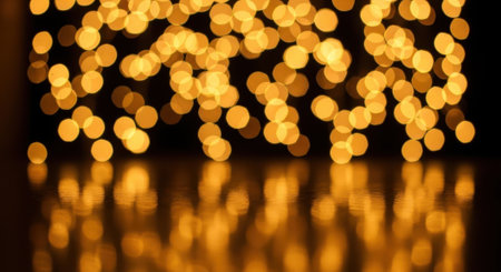 An abstract image featuring out of focus golden yellow lights creating a beautiful bokeh effect with a mirror reflection on a glossy surface against a black backdrop.の素材