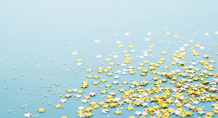 A collection of small, shimmering star-shaped confetti scattered across a soft, light blue surface, creating a festive and celebratory atmosphere.の素材