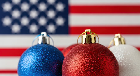 Festive Christmas ornaments in red, white, and blue colors are displayed in front of a blurred American flag, symbolizing patriotic holiday spirit.の素材
