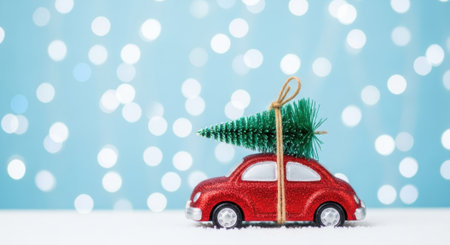A charming miniature red toy car is depicted carrying a small green Christmas tree on its roof, set against a soft blue background with festive bokeh lights and a snowy foreground. This whimsical scene evokes the holiday spirit and the joy of the Christmas season.の素材
