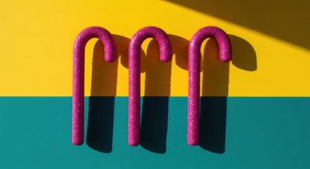 A minimalist still life of three pink candy canes under direct sunlight, creating sharp, dark shadows on a split yellow and teal surface. Modern and graphic holiday concept.の素材