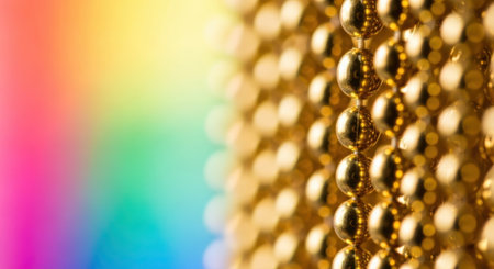 A macro photograph featuring vertical lines of shiny golden spheres with a beautiful out of focus rainbow colored light gradient creating a festive and abstract bokeh effect.の素材