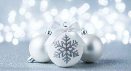 Elegant white and silver Christmas ornaments with a prominent snowflake decoration and a delicate bow sit on a surface with a beautiful blurred lights bokeh background.の素材