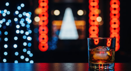 A glass of whiskey with ice sits on a bar, with bokeh lights in the background creating a vibrant, blurred atmosphere.の素材