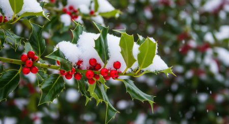 A close-up of holly branches laden with bright red berries, partially covered in fresh snow, creating a festive winter scene.の素材