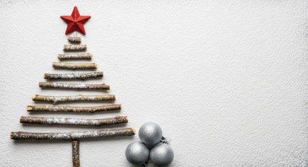 A minimalist Christmas tree made of twigs, topped with a red star and accompanied by silver ornaments, on a white background.の素材