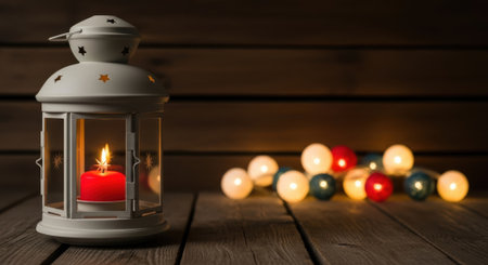 A cozy scene featuring a vintage white lantern with a lit red candle, accompanied by a string of warm-toned lights on a rustic wooden surface.の素材