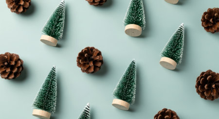Top view flat lay of a festive holiday pattern featuring miniature Christmas trees and natural pine cones arranged on a soft pastel blue background. A modern winter concept.の素材