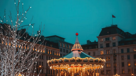 Christmas fairground carousel in the old town of Prague, Czech Republicの素材