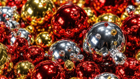 Christmas and New Year background. Red, gold and silver Christmas balls.の素材