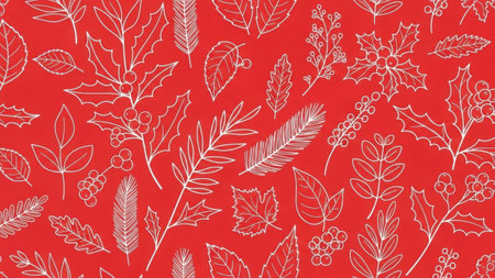 Seamless pattern with holly leaves and berries on red backgroundの素材