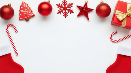 Christmas background with copy space. Top view of christmas decoration on white background.の素材