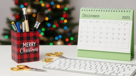 Christmas calendar and office supplies on a white table with Christmas tree in the backgroundの素材