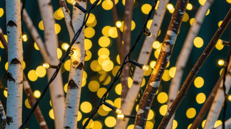 birch branches with garland on the background of yellow lightsの素材