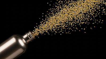 Spray bottle with golden sprinkles on a black background. 3d renderingの素材
