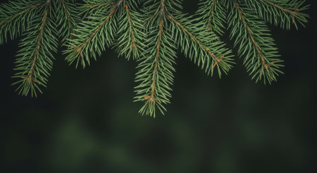 Fir branches on a dark green background with space for text.の素材
