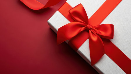 White gift box with red ribbon bow on red background. Copy space.の素材