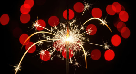 sparkler on a black background with red bokeh.の素材